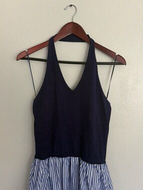 Navy Halter Maxi Dress with Blue-White Striped Skirt
